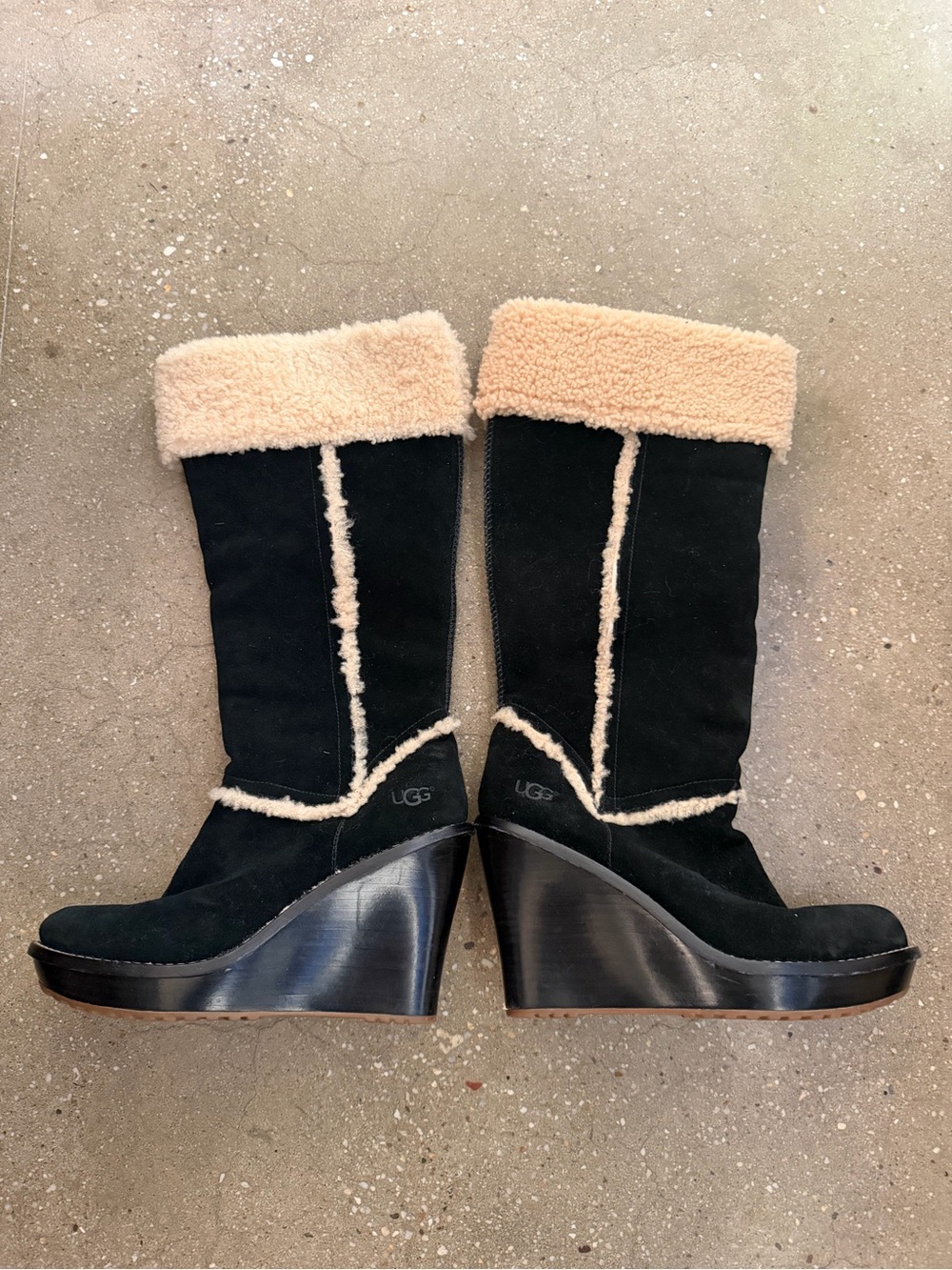 UGG Black Suede Wedge Boots with Cream Shearling Trim